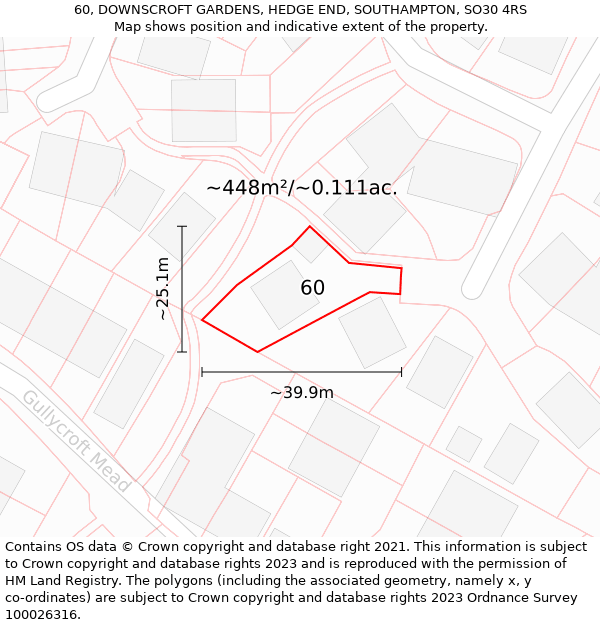 60, DOWNSCROFT GARDENS, HEDGE END, SOUTHAMPTON, SO30 4RS: Plot and title map