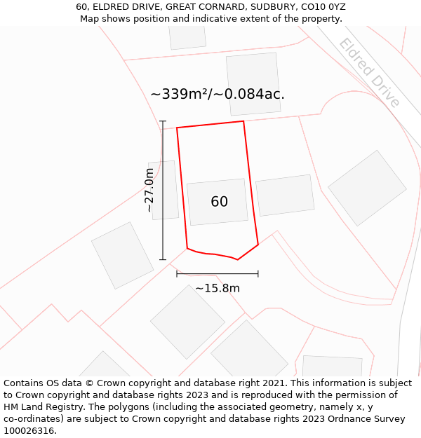 60, ELDRED DRIVE, GREAT CORNARD, SUDBURY, CO10 0YZ: Plot and title map