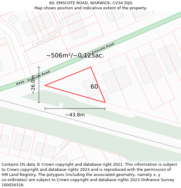 60, EMSCOTE ROAD, WARWICK, CV34 5QG: Plot and title map