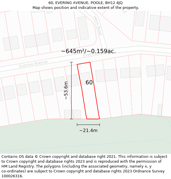 60, EVERING AVENUE, POOLE, BH12 4JQ: Plot and title map
