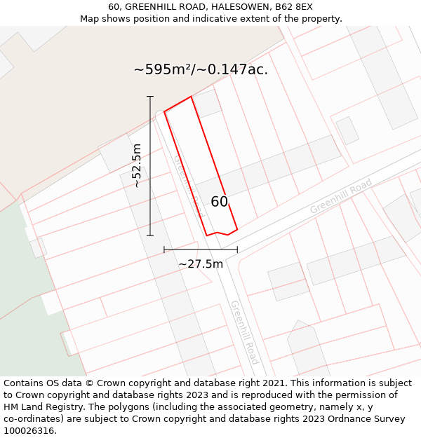 60, GREENHILL ROAD, HALESOWEN, B62 8EX: Plot and title map