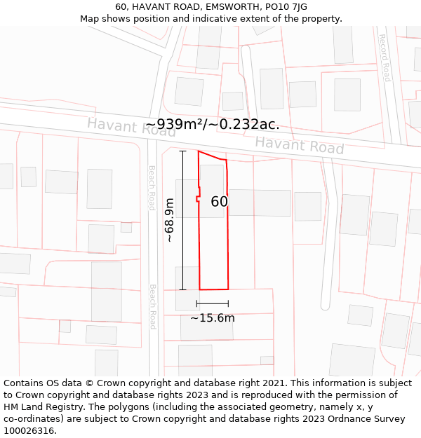 60, HAVANT ROAD, EMSWORTH, PO10 7JG: Plot and title map