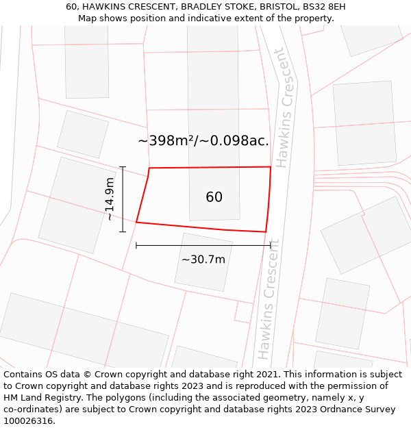 60, HAWKINS CRESCENT, BRADLEY STOKE, BRISTOL, BS32 8EH: Plot and title map