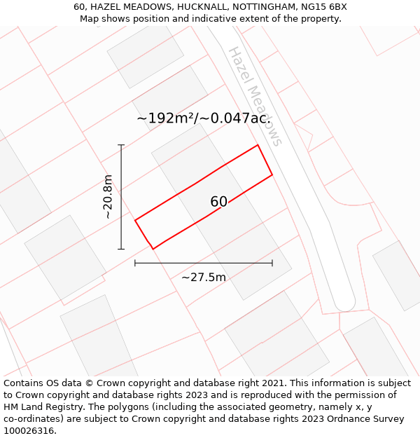 60, HAZEL MEADOWS, HUCKNALL, NOTTINGHAM, NG15 6BX: Plot and title map