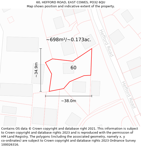 60, HEFFORD ROAD, EAST COWES, PO32 6QU: Plot and title map