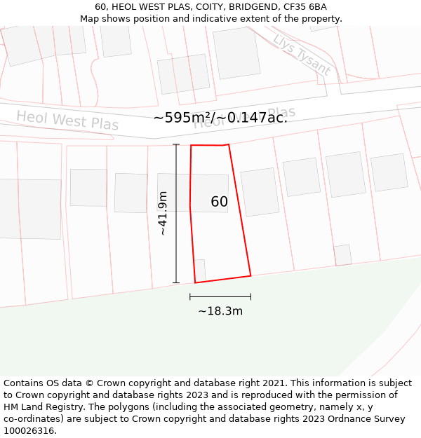 60, HEOL WEST PLAS, COITY, BRIDGEND, CF35 6BA: Plot and title map