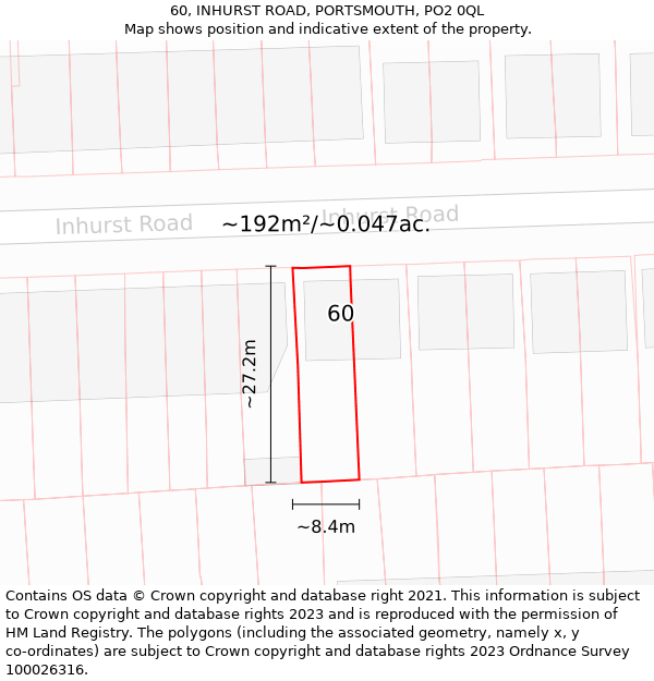 60, INHURST ROAD, PORTSMOUTH, PO2 0QL: Plot and title map