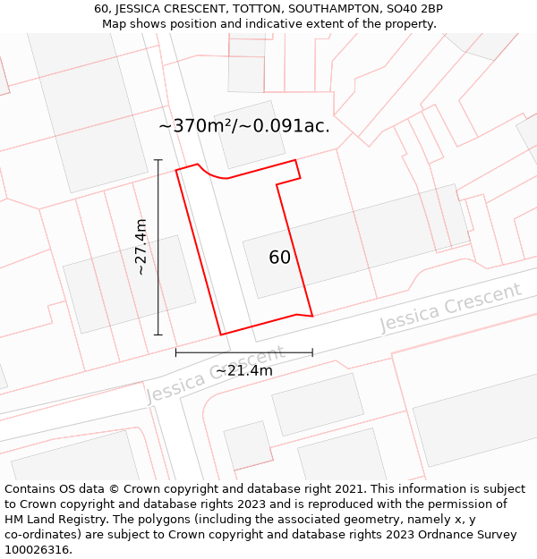 60, JESSICA CRESCENT, TOTTON, SOUTHAMPTON, SO40 2BP: Plot and title map