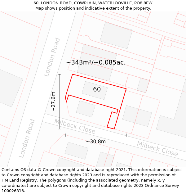 60, LONDON ROAD, COWPLAIN, WATERLOOVILLE, PO8 8EW: Plot and title map