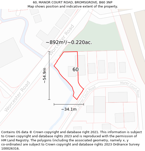 60, MANOR COURT ROAD, BROMSGROVE, B60 3NP: Plot and title map