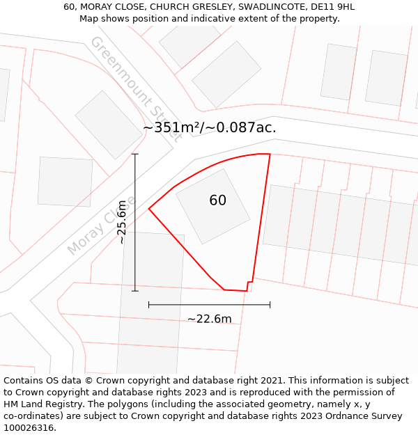 60, MORAY CLOSE, CHURCH GRESLEY, SWADLINCOTE, DE11 9HL: Plot and title map