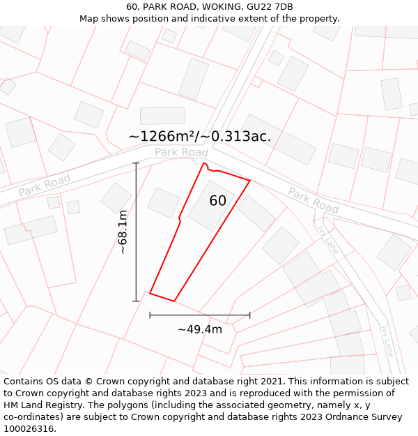 60, PARK ROAD, WOKING, GU22 7DB: Plot and title map