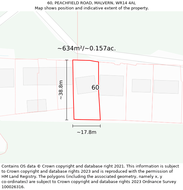 60, PEACHFIELD ROAD, MALVERN, WR14 4AL: Plot and title map