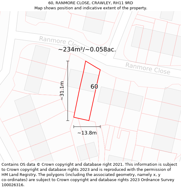 60, RANMORE CLOSE, CRAWLEY, RH11 9RD: Plot and title map