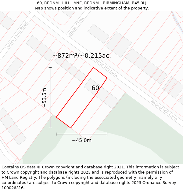 60, REDNAL HILL LANE, REDNAL, BIRMINGHAM, B45 9LJ: Plot and title map