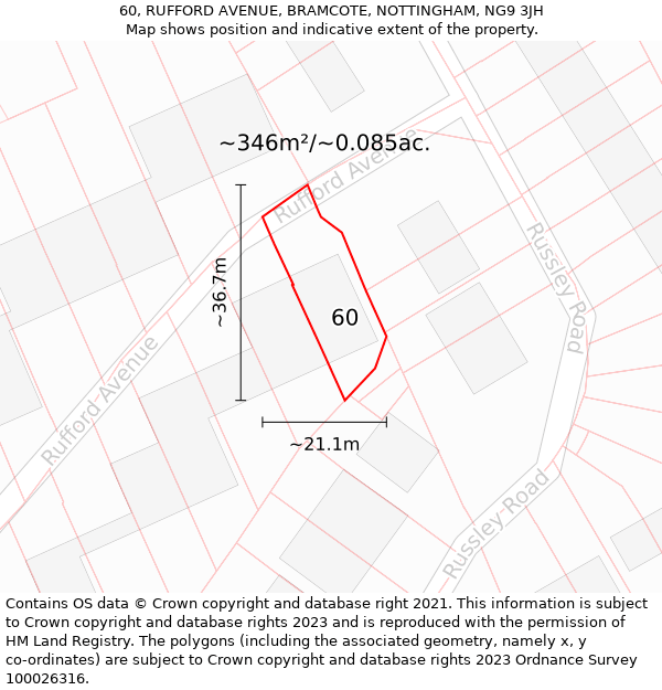 60, RUFFORD AVENUE, BRAMCOTE, NOTTINGHAM, NG9 3JH: Plot and title map