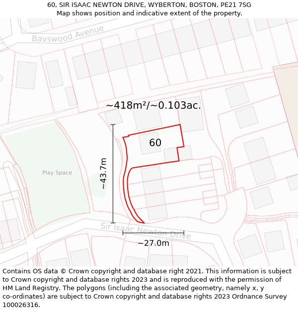 60, SIR ISAAC NEWTON DRIVE, WYBERTON, BOSTON, PE21 7SG: Plot and title map