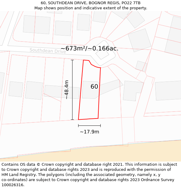 60, SOUTHDEAN DRIVE, BOGNOR REGIS, PO22 7TB: Plot and title map