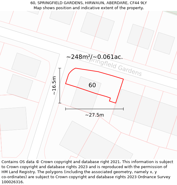 60, SPRINGFIELD GARDENS, HIRWAUN, ABERDARE, CF44 9LY: Plot and title map