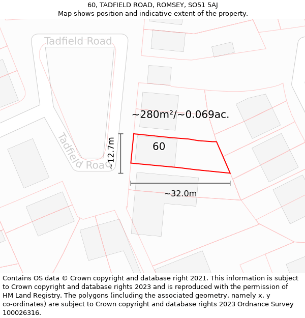 60, TADFIELD ROAD, ROMSEY, SO51 5AJ: Plot and title map