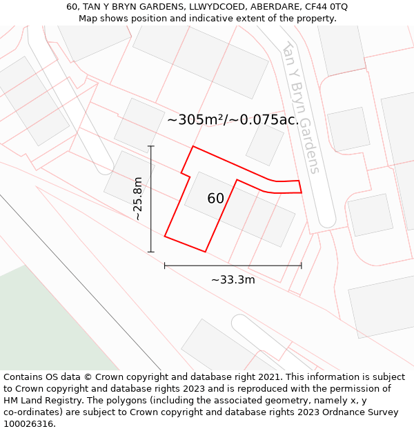 60, TAN Y BRYN GARDENS, LLWYDCOED, ABERDARE, CF44 0TQ: Plot and title map