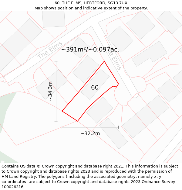 60, THE ELMS, HERTFORD, SG13 7UX: Plot and title map