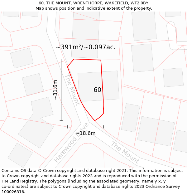 60, THE MOUNT, WRENTHORPE, WAKEFIELD, WF2 0BY: Plot and title map