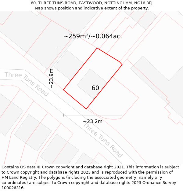 60, THREE TUNS ROAD, EASTWOOD, NOTTINGHAM, NG16 3EJ: Plot and title map