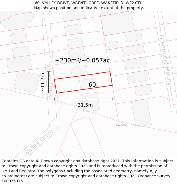 60, VALLEY DRIVE, WRENTHORPE, WAKEFIELD, WF2 0TL: Plot and title map