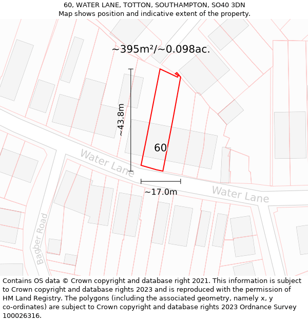 60, WATER LANE, TOTTON, SOUTHAMPTON, SO40 3DN: Plot and title map