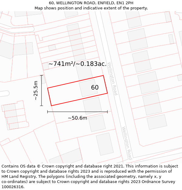 60, WELLINGTON ROAD, ENFIELD, EN1 2PH: Plot and title map