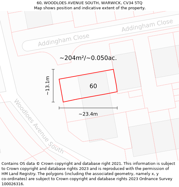 60, WOODLOES AVENUE SOUTH, WARWICK, CV34 5TQ: Plot and title map