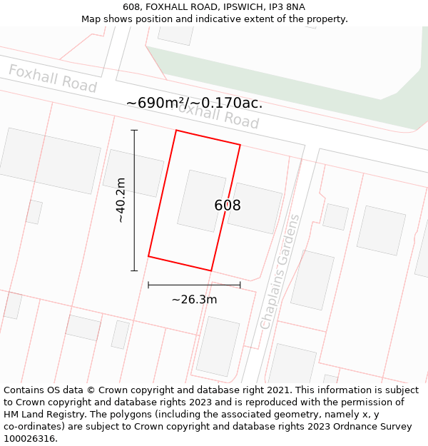 608, FOXHALL ROAD, IPSWICH, IP3 8NA: Plot and title map