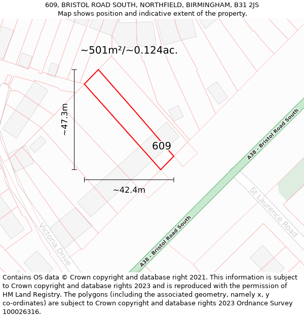 609, BRISTOL ROAD SOUTH, NORTHFIELD, BIRMINGHAM, B31 2JS: Plot and title map