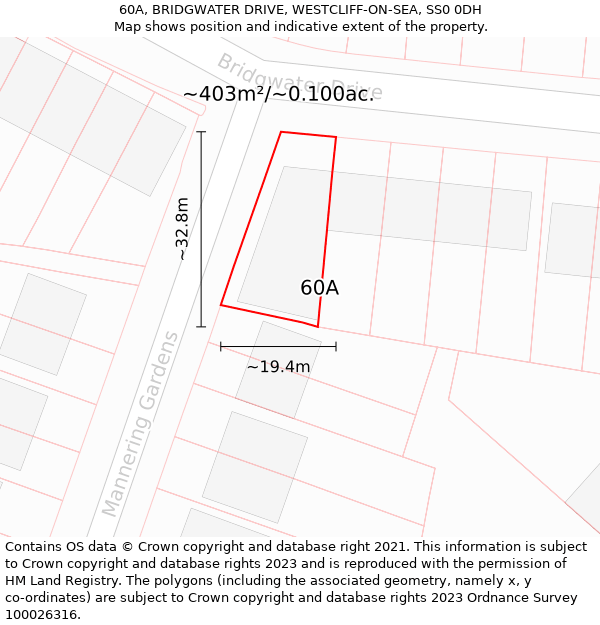 60A, BRIDGWATER DRIVE, WESTCLIFF-ON-SEA, SS0 0DH: Plot and title map