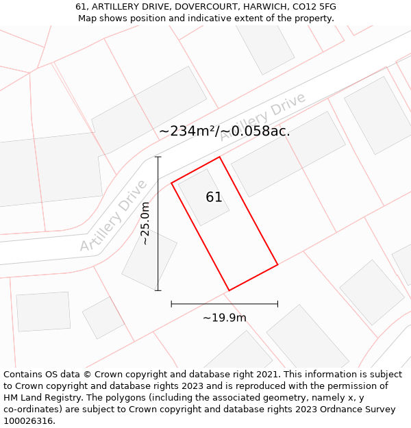 61, ARTILLERY DRIVE, DOVERCOURT, HARWICH, CO12 5FG: Plot and title map