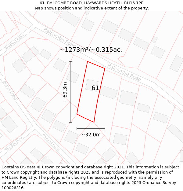 61, BALCOMBE ROAD, HAYWARDS HEATH, RH16 1PE: Plot and title map