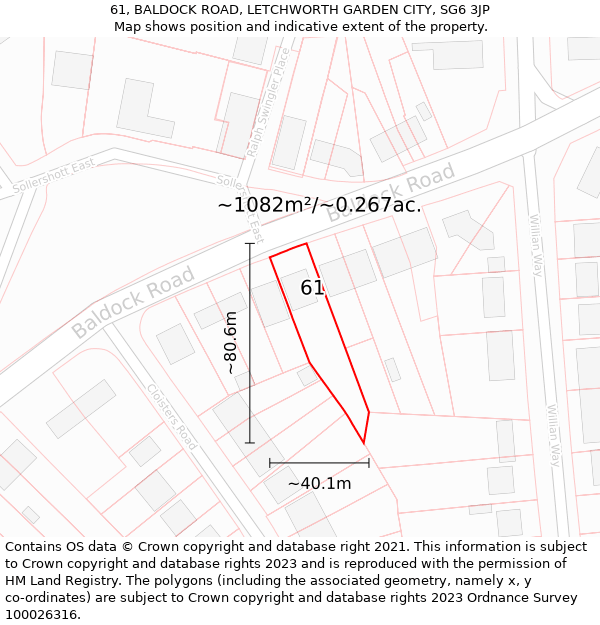 61, BALDOCK ROAD, LETCHWORTH GARDEN CITY, SG6 3JP: Plot and title map