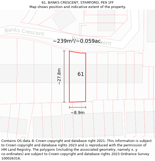 61, BANKS CRESCENT, STAMFORD, PE9 1FF: Plot and title map