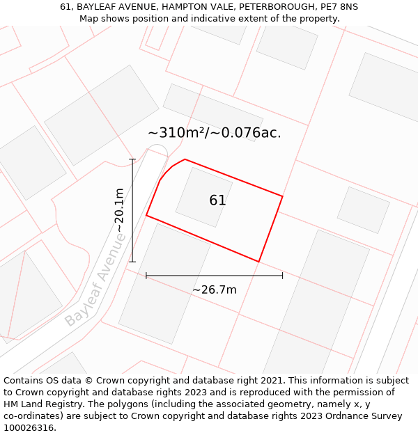 61, BAYLEAF AVENUE, HAMPTON VALE, PETERBOROUGH, PE7 8NS: Plot and title map