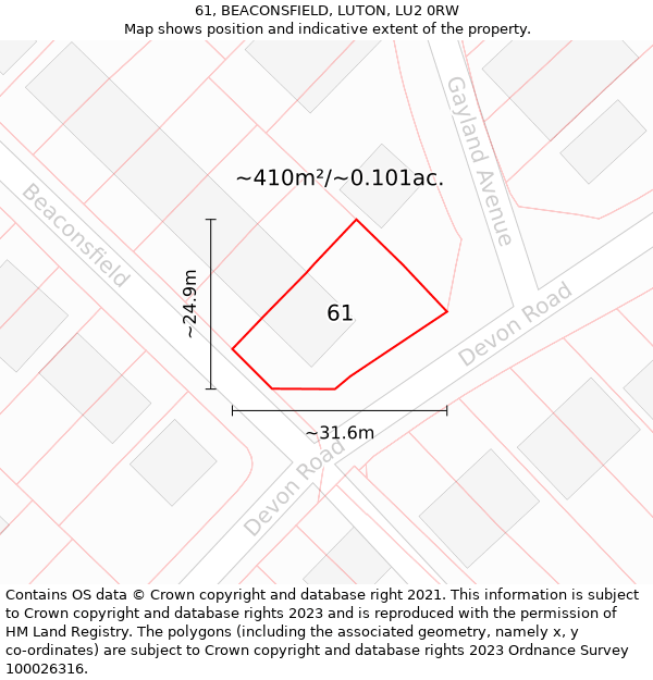 61, BEACONSFIELD, LUTON, LU2 0RW: Plot and title map