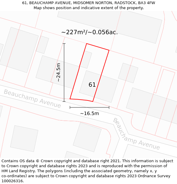 61, BEAUCHAMP AVENUE, MIDSOMER NORTON, RADSTOCK, BA3 4FW: Plot and title map