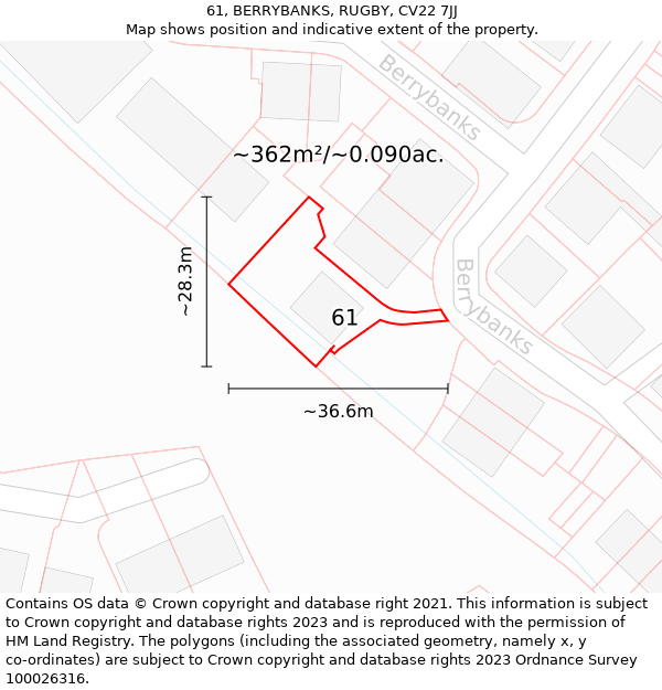 61, BERRYBANKS, RUGBY, CV22 7JJ: Plot and title map