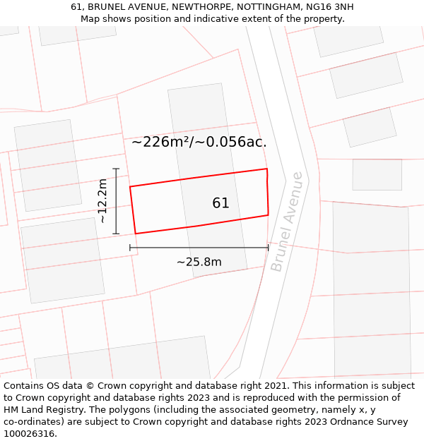 61, BRUNEL AVENUE, NEWTHORPE, NOTTINGHAM, NG16 3NH: Plot and title map