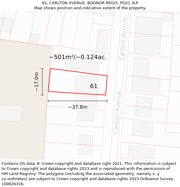 61, CARLTON AVENUE, BOGNOR REGIS, PO21 3LP: Plot and title map