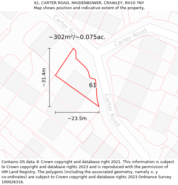 61, CARTER ROAD, MAIDENBOWER, CRAWLEY, RH10 7NY: Plot and title map