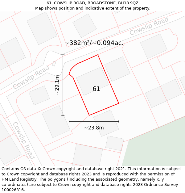 61, COWSLIP ROAD, BROADSTONE, BH18 9QZ: Plot and title map