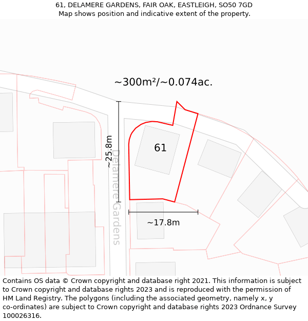 61, DELAMERE GARDENS, FAIR OAK, EASTLEIGH, SO50 7GD: Plot and title map