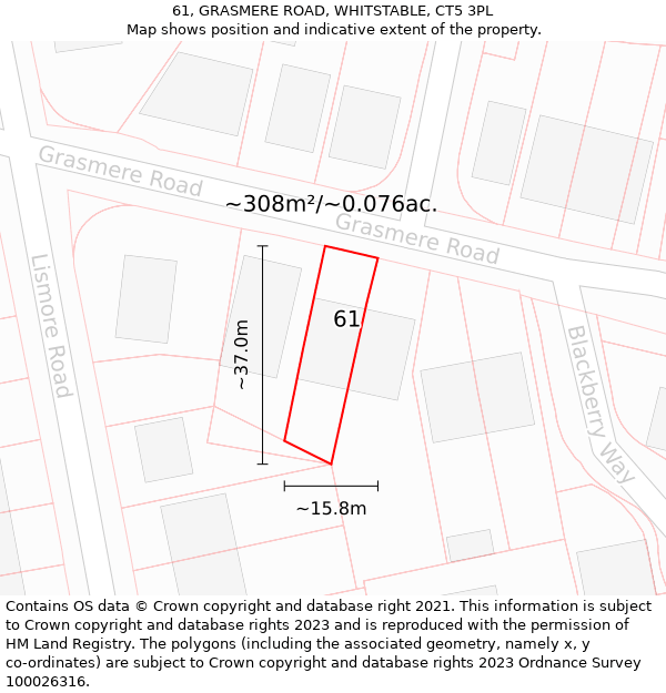 61, GRASMERE ROAD, WHITSTABLE, CT5 3PL: Plot and title map