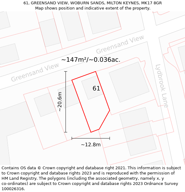 61, GREENSAND VIEW, WOBURN SANDS, MILTON KEYNES, MK17 8GR: Plot and title map